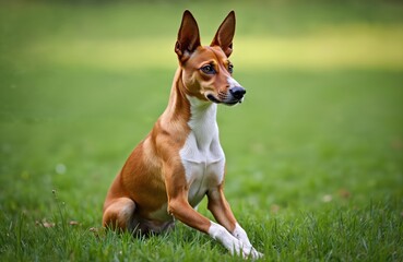 Basenji dog sits alertly on green grass lawn. The tan and white purebred dog has erect ears and attentive eyes. It looks off to the side with a focused expression. Purebred pet enjoys outdoor time.