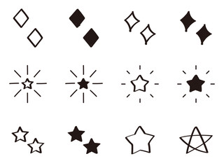かわいい手書きの星・スター・キラキラのアイコン　白黒のあしらい　ベクター