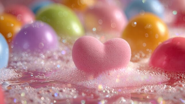 heart-shaped decoration floating in a pink bubble bath, surrounded by colorful balloons, soft warm lighting creating gentle reflections on water and bubbles, shallow depth of field