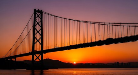 Fototapeta premium Silhouette of suspension bridge at sunset.