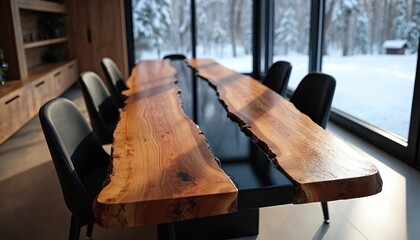 Obraz premium Modern dining table with natural wood slab top and black epoxy resin inlay. Sleek black chairs surround table. Large windows show snowy forest scene. Luxurious dining space.