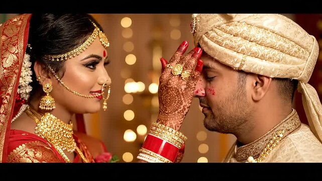 Bengali wedding ritual Bride applies vermillion to groom's forehead, symbolizing love, tradition, and commitment, cultural ceremony, vibrant, close up.
