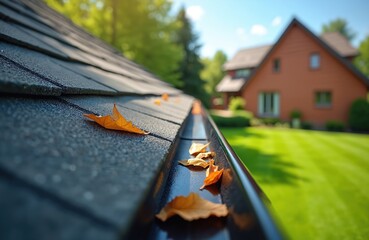 Roof gutter filled with dry leaves beside asphalt shingles on a sunny day. Suburban house with green lawn and trees in background. Home maintenance task.