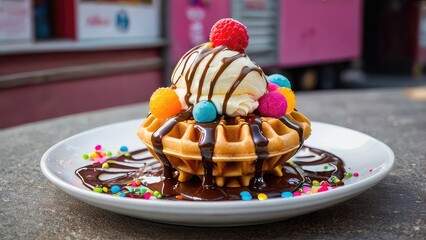 chocolate ice cream, chocolate cake on a plate, waffle with ice cream scoop, chocolate drizzle, colorful sprinkles