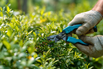 Naklejka premium Gardener wearing light gloves clipping a vibrant green shrub with secateurs