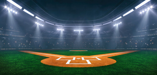 Naklejka premium Baseball field at a sports stadium in foggy weather with shining floodlights and fans ready for an upcoming nighttime sports event.