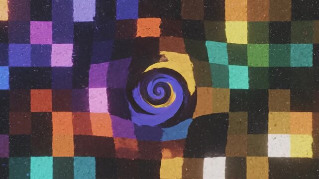 Colorful Abstract Glitch Mosaic With Spiraling Pixel Patterns.
