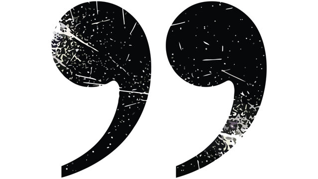 Black double quotation marks with heavy grunge texture and white scratches on white background