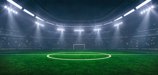 Football or soccer field at a sports stadium in foggy weather with shining floodlights and fans ready for an upcoming nighttime sports event.