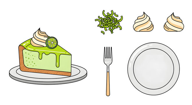 Key lime pie slice with whipped cream, zest and plate illustration. Flat vector illustration of a delicious slice of key lime pie on a white plate