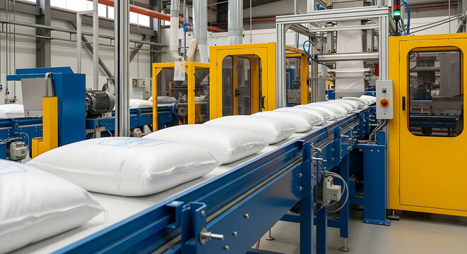 Automated production line efficiently processes and packages bulk goods in a modern industrial manufacturing facility