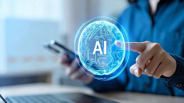 Person interacting with AI hologram brain