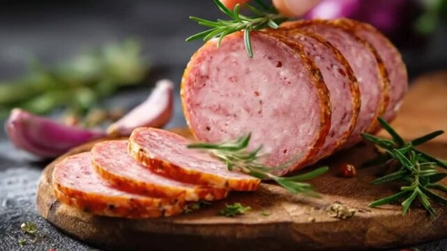 A close-up, appetizing shot of a gourmet sausage, expertly sliced and arranged on a rustic wooden cutting board. Fresh green rosemary sprigs add a vibrant touch to the savory cured meat, which feature