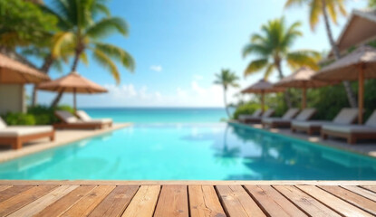 Fototapeta premium Empty wooden table with tropical resort background