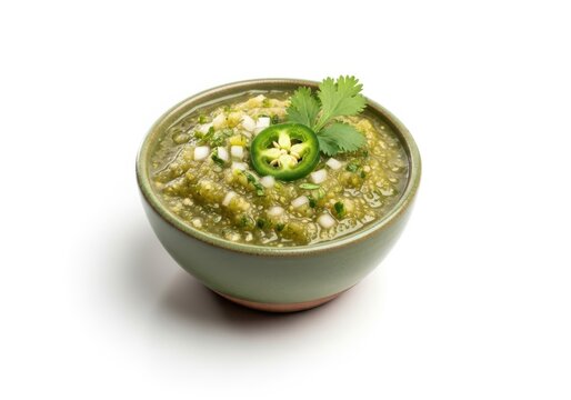 Fresh green salsa in a rustic bowl deliciously garnished isolated on white background