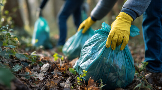 People Collecting Litter in Green Trash Bags in Forest