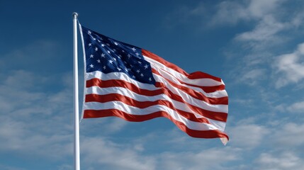 American flag waving in a blue sky with white clouds blowing in wind