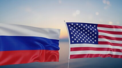 Obraz premium Russia USA Flags Waving Together Sky