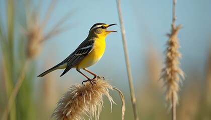 Yellow bird with dark stripes sings loudly while perched on fluffy reed stalk in marshy field. Small passerine bird has bright yellow chest, white markings on its wings. It looks like sedge warbler.