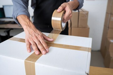 Man Sealing a Package with Packing Tape, Ready for Shipping