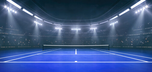 Blue tennis court at a sports arena in foggy weather with shining floodlights and fans ready for an upcoming nighttime sports event.