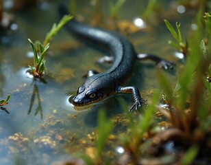 Apennine newt amphibian moves slowly in shallow murky water among green aquatic plants. Creature has dark skin smooth texture, small eyes. Wildlife closeup.