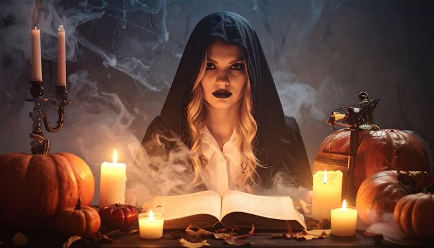 A woman in a dark hooded robe sits at a table with lit candles and pumpkins. She appears to be studying an ancient book with a mysterious atmosphere