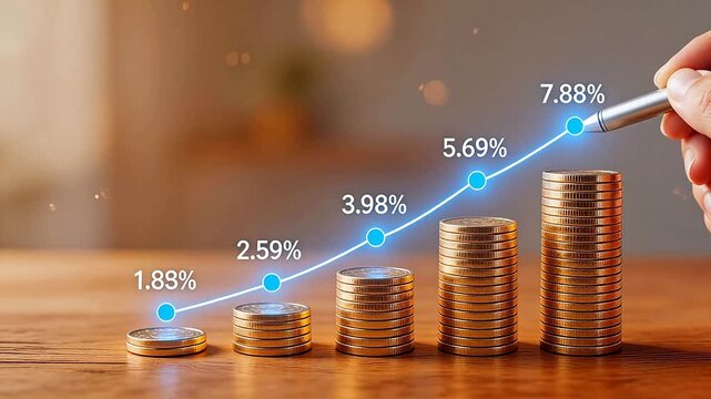 Growing coin stacks with percentage line graph