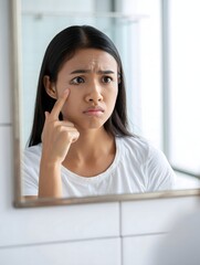 Woman Examining Her Face in Mirror, Concerned About Skin Imperfections