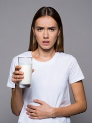 Woman Holding Glass of Milk with Discomfort and Nausea