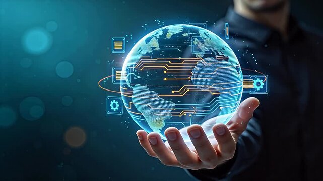 Hand holding digital globe with AI and circuit graphics