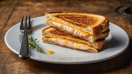 Toasted with grill marks, melted cheese and chicken filling, rustic table