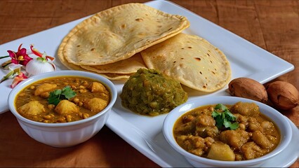 Traditional halwa puri with chana curry, aloo bhaji, pickles, morning breakfast table scene, natural daylight, authentic desi home style