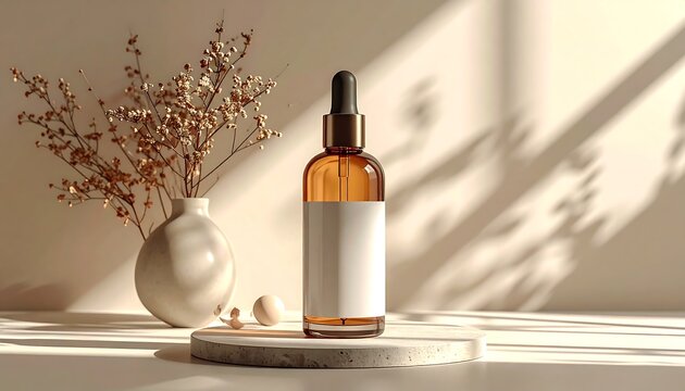 Amber glass serum bottle with dropper, blank label, displayed on a stone platform next to a vase with dried branches