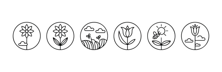 Obraz premium Floral and nature icons set, blooming flowers, plants, clouds, sun and bee graphic symbols