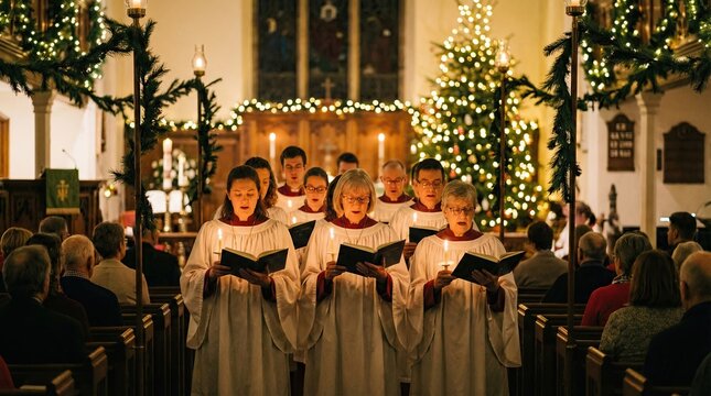 Choir singing hymns by candlelight in Christmas church service concept. A choir performing in a beautifully decorated church setting.