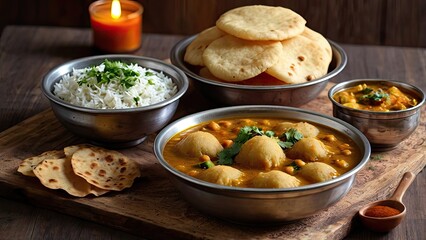 Traditional halwa puri with chana curry, aloo bhaji, pickles, morning breakfast table scene, natural daylight, authentic desi home style