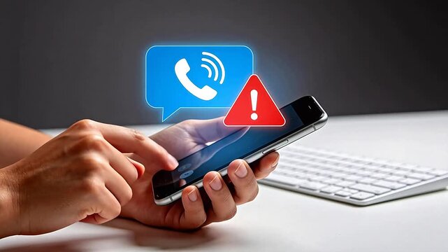 Hand holding smartphone with warning alert