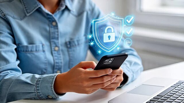 Person using smartphone with digital security icon