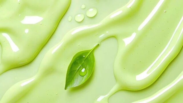 Top view of organic green cosmetic gel or serum texture with fresh basil leaves and water drops, slow movement of liquid skincare product, moisturizing facial mask smear