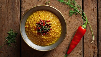 Yellow lentil dal with tempering of red chili and cumin seeds, served in brass bowl, simple rustic table, top view flat lay