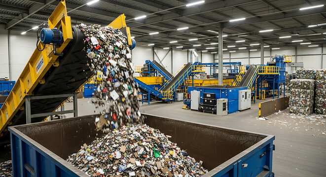 Industrial recycling facility machinery processing large quantities of waste materials in a warehouse environment from a close-up viewpoint.
