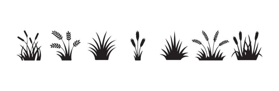 Assortment of grass clumps and cereal plant icons in silhouette style