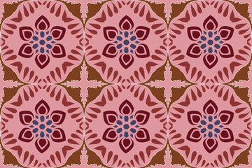 Seamless vintage geometric floral pattern in pink, red, and brown tones. Symmetrically repeated design with a warm, classic, and eye-catching feel, perfect.