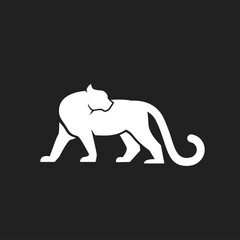 Obraz premium Elegant White Panther Silhouette Standing, Minimalist Big Cat Graphic Logo Design on Black Background