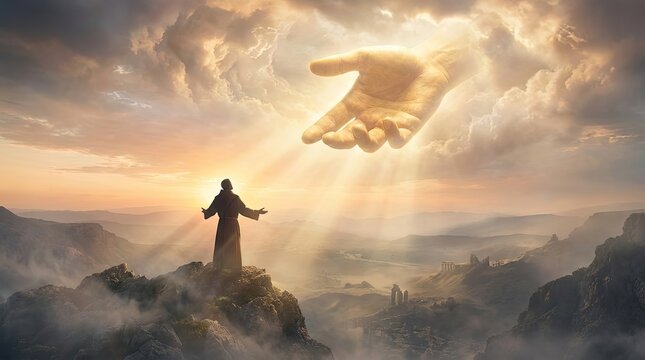 Small man sees God's hand in clouds seeking salvation from death concept. A divine hand reaching out from the heavens over serene mountains.
