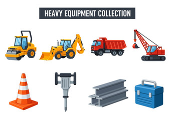Collection of heavy construction equipment and tools for building and road work