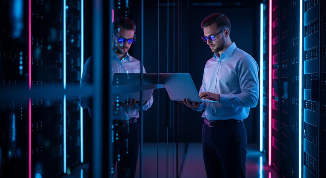 Two IT professionals working with a laptop in a data center with neon lighting and server racks.