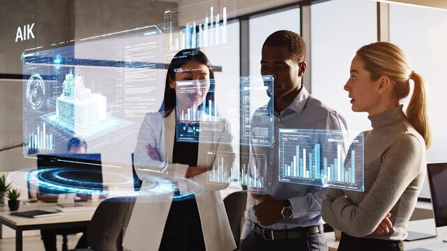 "A professional team collaborates using futuristic holographic data projections in a modern office setting, showcasing innovation and a tech-driven strategy."