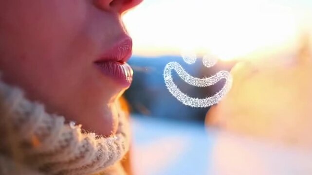 Close up of lips in winter landscape with steam creating a smiley face in cold morning light